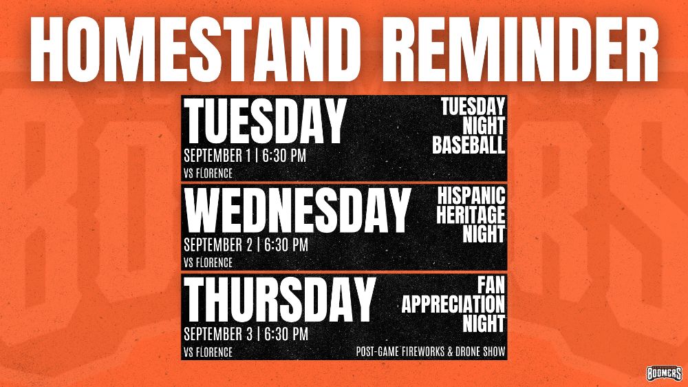 September 1-3 Homestand Reminder