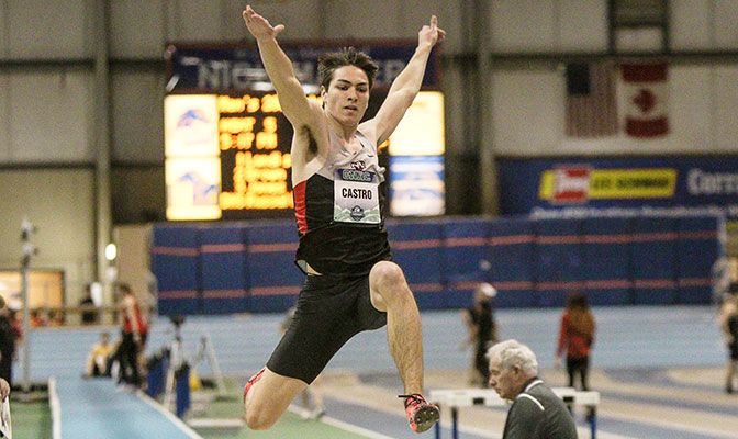 Northwest Nazarene freshman Elijah Castro broke the school record in the men's long jump at the EOU Team Challenge on Saturday, a mark that had stood since 1974. Photo by Loren Orr.