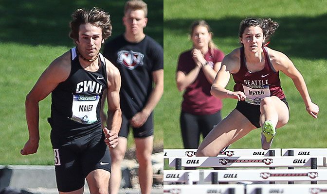 Braydon Maier (left) won the decathlon with a score of 6.751 points. Renick Meyer won the heptathlon with 5,017 points, the fifth best point total in GNAC history. Photos by Loren Orr.