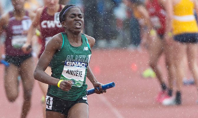 Shown here at the GNAC Outdoor Championships, Vanessa Aniteye ran 54.2 seconds in her leadoff leg in the finals at the European U20 Championships. Photo by Chris Oertell.