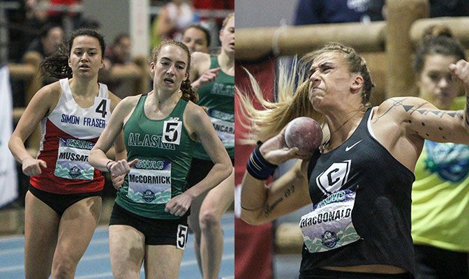 Simon Fraser's Alana Mussatto (left) and Alaska Anchorage's Danielle McCormick are qualified in the 800 meters while Concordia's Christina MacDonald will compete in both throws. Photos by Loren Orr.