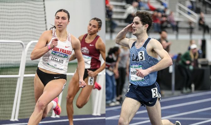 Marie-Eloise Leclair of SFU (left) and Kevin McDermott of WWU were named the 2024 GNAC Indoor Track Athletes of the Year.