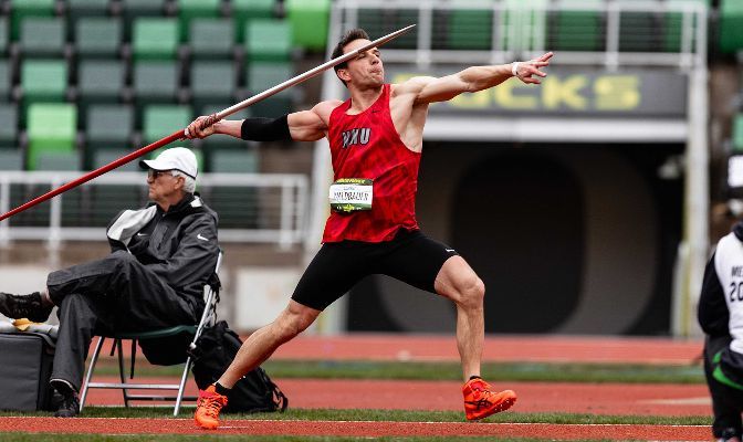 Laurenz Waldbauer of Northwest Nazarene leads the GNAC with a javelin throw of 232' 0