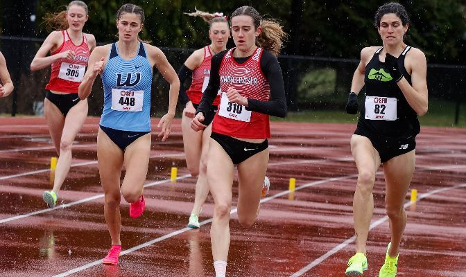 Simon Fraser's Megan Roxby is atop the GNAC performance list in both the 800 meters (2:09.71) and the 1,500 meters (4:25.05) with both marks being provisional national qualifiers.
