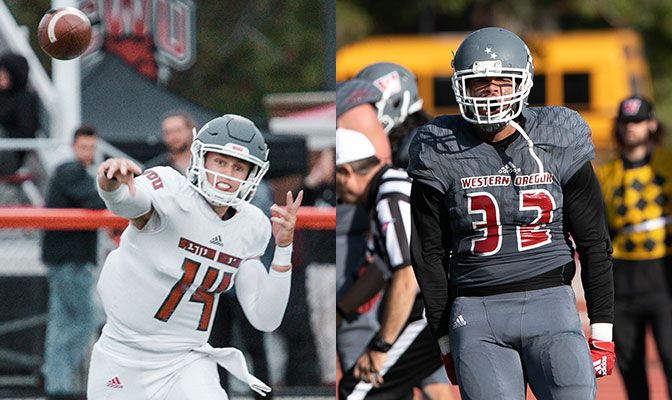 Currie, left, finished with 335 yards of total offense in the win while Proctor blocked what would have been the game-winning kick for Azusa Pacific to secure the WOU victory.