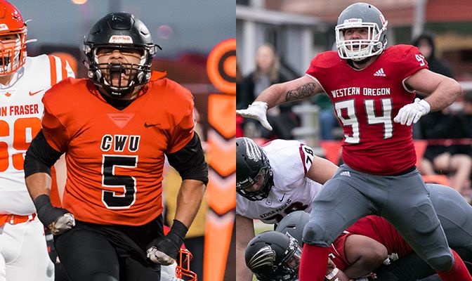 Billy Greer (left) was named the GNAC Defensive Player of the year while Blayne Burnett was the conference's Defensive Lineman of the Year.