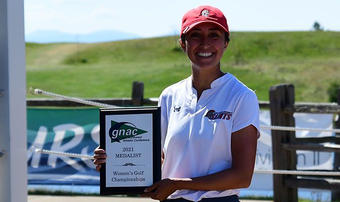 Kathryn Crimp won by two strokes over teammate Hoku Nagamine to become Saint Martin's first GNAC women's golf individual champion. Photo by Ron Smith.