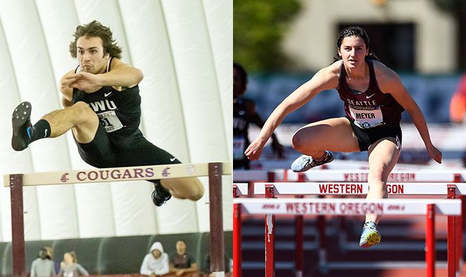 Central Washington's Braydon Maier (left) is the defending champion in the men's heptathlon while Seattle Pacific's Renick Meyer is the defending champion in the women's 60 meters.