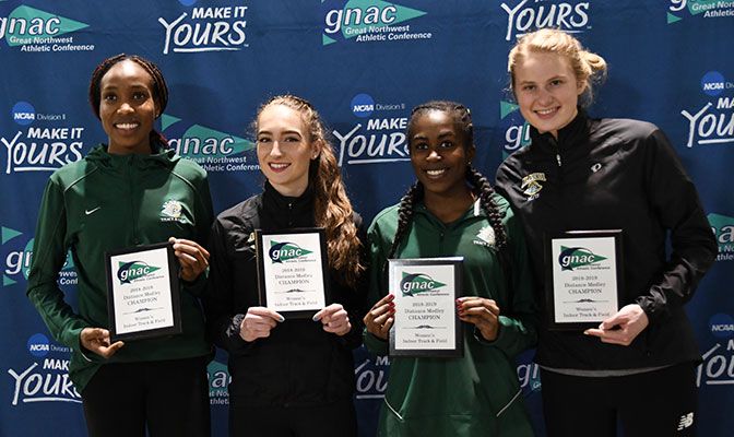 The team of (from left) Caroline Kurgat, Danielle McCormick, Vanessa Aniteye and Ruth Cvancara clocked a time of 11:23.47, the sixth-fastest in Division II history.
