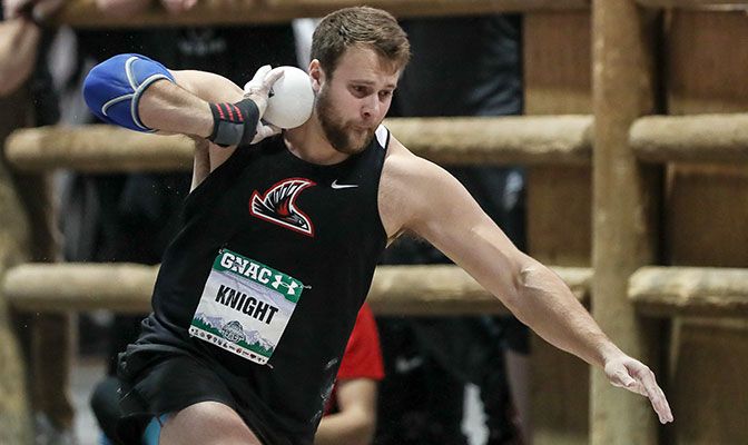Northwest Nazarene's Jake Knight set a school record in the men's shot put at the SPU Final Qualifier, solidifying a spot in the indoor national meet. Photo by Loren Orr.