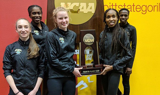 Alaska Anchorage's women scored 34 points, the most points ever at the indoor championships by a conference team. Photo by Ray Shadowens.