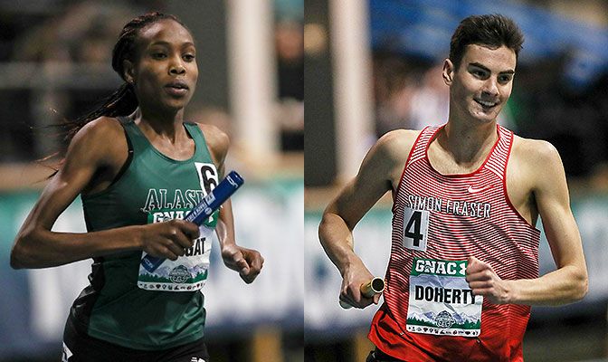 Kurgat (left) set Division II all-time bests in the 3,000 and 5,000 meters, winning national titles on both events. Dohery won the GNAC title in the 3,000 and placed seventh at nationals.