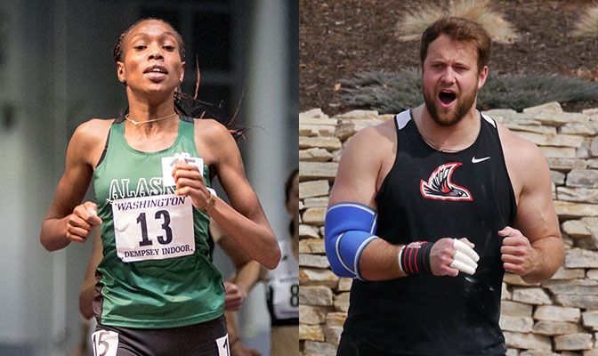 Alaska Anchorage's Caroline Kurgat (left) has set GNAC recods in the 5,000 and 10,000 meters while Northwest Nazarene's Jake Knight set the GNAC record in the discus.