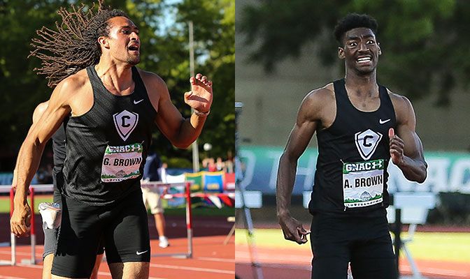 Giovanni Brown (left) won the decathlon at the GNAC Outdoor Championships. Adam Brown was the GNAC indoor champ in the 400 meters. Photos by Gary Breedlove.