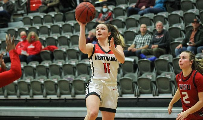 Northwest Nazarene leaned on bench players like Emma Clark (No. 11) to defeat Western Oregon without their top two scorers. NNU is one of three teams at 5-2 in the GNAC standings.