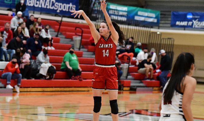 Claire Dingus shot 8 of 19 from the floor for a game-high 23 points in Saint Martin's first-round win at the GNAC Championships. Photo by Ron Smith.