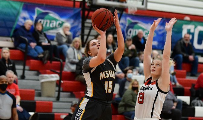 Cariann Kunkel scored 14 of her 18 points in the first half, catapulting MSUB to a 16-point halftime lead they did not relinquish in a 69-56 win. Photo by Ron Smith.