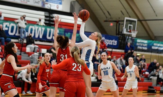 Western Washington used their height and health advantages inside to outrebound Saint Martin's 45-33 in a GNAC Championships quarterfinal match-up. Photo by Ron Smith.