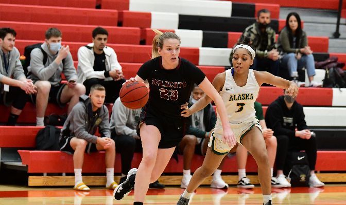 Samantha Bowman (No. 23) has 23 double-doubles this season, tied for the lead in Division II, and nearly had her first triple-double in CWU's semifinal win over Alaska Anchorage. Photo by Ron Smith.