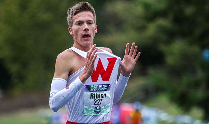 Ribich, shown here at the GNAC Championships, won the men's West Region title with a time of 29:49.2 over 10,000 meters. Photo by Nick Danielson.