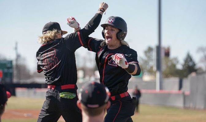Junior infielder Colton Moore (right) was named the GNAC Baseball Player of the Week after he led NNU with a .625 batting average, 11 runs and 10 RBI against MSUB.