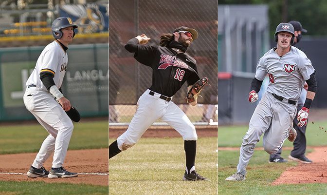 Will Riley (left) of MSUB earned First Team All-GNAC honors at shortstop while Justin Hampson (center) of CWU and Grant Kerry of NNU were first-team selections in the outfield.