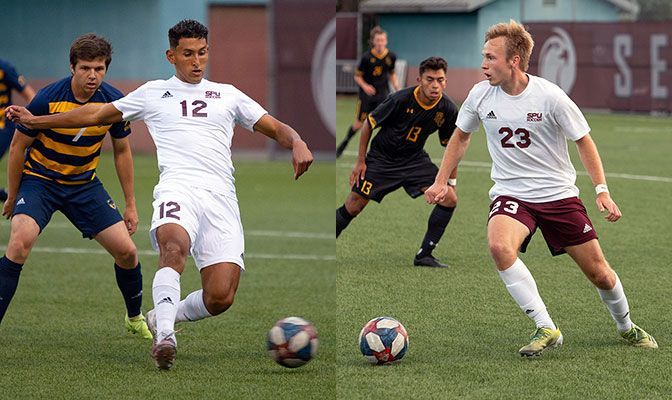 Alex Mejia (left) was the GNAC Player of the Year while Nik Reierson also earned First Team All-GNAC honors.