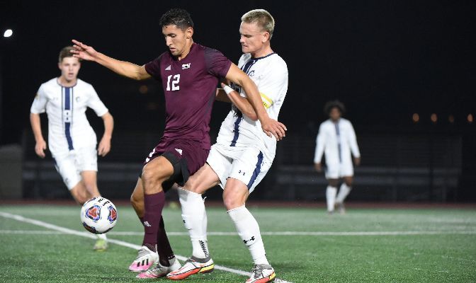 Alex Mejia (No. 12) controls the ball during an NCAA Tournament match against CSU Pueblo. Mejia was named a 2021 United Soccer Coaches First-Team All-American. Photo by Robert Huskey.