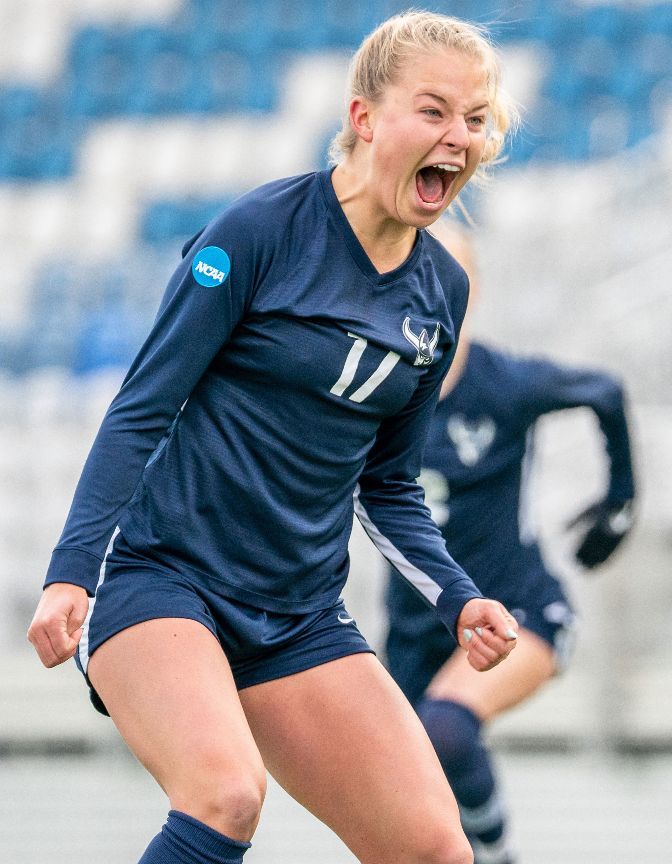 Grace Eversaul celebrates after scoring the opening and game-winning goal in the national semifinals against Flagler.