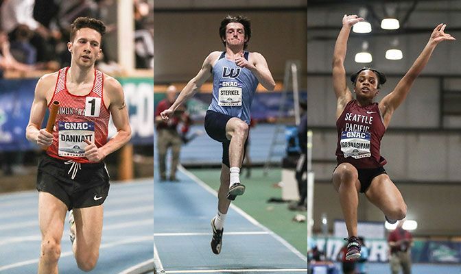 The three returning conference champions: SFU's Charlie Dannatt in the men's mile (left), WWU's Ethan Sterkel in the men's long jump (center) and SPU's Peace Igbonagwam in the women's long jump.