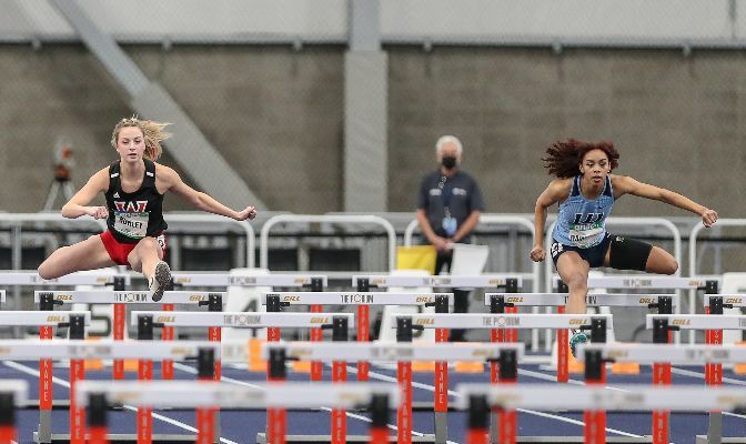 Western Oregon's Jenelle Hurley (left) and Western Washington's Aliyah Dawkins (right) each won two medals during Monday's competition. Photo by Loren Orr.