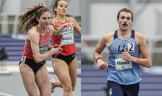 Alison Andrews-Paul (left) was among four Simon Fraser athletes to receive three all-region awards. Western Washington's Mac Franks was named all-region in four events. Photos by Loren Orr.