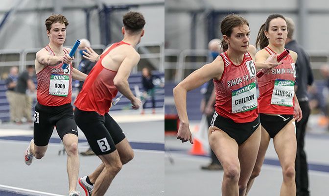 Simon Fraser's men's DMR placed second in 9:36.05. The women placed fourth in a time of 11:26.80. Photos by Loren Orr.