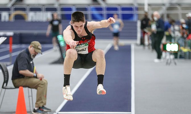 Saint Martin's Josh Schulz earned GNAC Men's Field Athlete of the Week honors after he won the long jump at the PLU Open with a mark of 22 feet, 0.25 inches. Photo by Loren Orr.