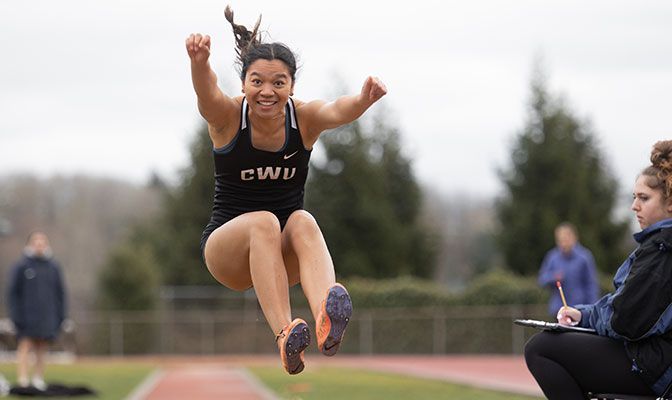 Central Washington's Erica Cabanos is all smiles after she won GNAC Women's Field Athlete of the Week honors. She won the triple jump and took second in the long jump at the Whitworth Peace Meet.