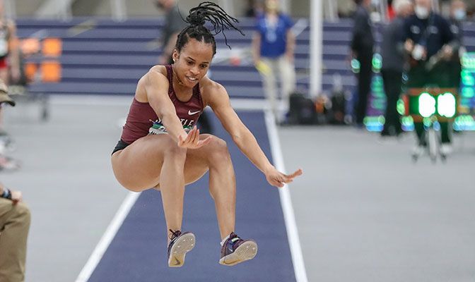 Peace Igbonagwam's mark of 19 feet, 8.25 inches in the women's long jump is No. 2 on the GNAC all-time list and No. 4 on SPU all-time list. Photo by Loren Orr.
