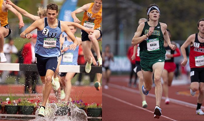Mac Franks (left) won the steeplechase for Western Washington while Alaska Anchorage's Coleman Nash won an exciting 10,000 meters to close day one. Photos by Jacob Thompson & Caleb Dunlop.