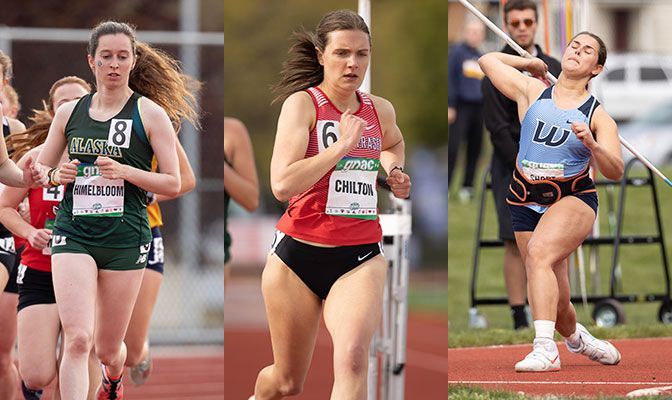 Arielle Himelbloom (left), Emily Chilton (center) and Amanda Short competed for their respective teams at the GNAC Outdoor Championships. Photos by Jacob Thompson.
