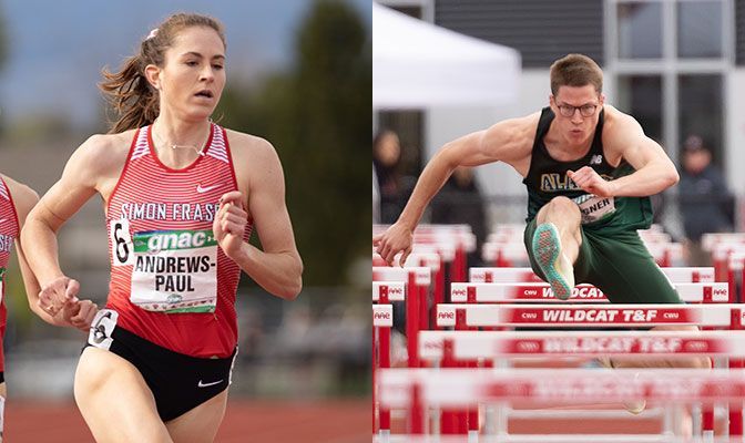 Alison Andrews-Paul (left) set the Division II record in the 800 meters while Joshua Wagner broke the GNAC record in the 110-meter hurdles.