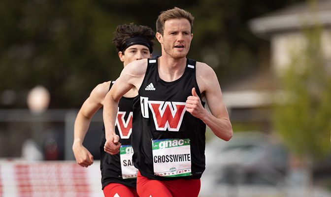 Crosswhite finished his outdoor eligibility this season by placing seventh in the 1,500 meters at the GNAC Championships. Photo by Jacob Thompson.