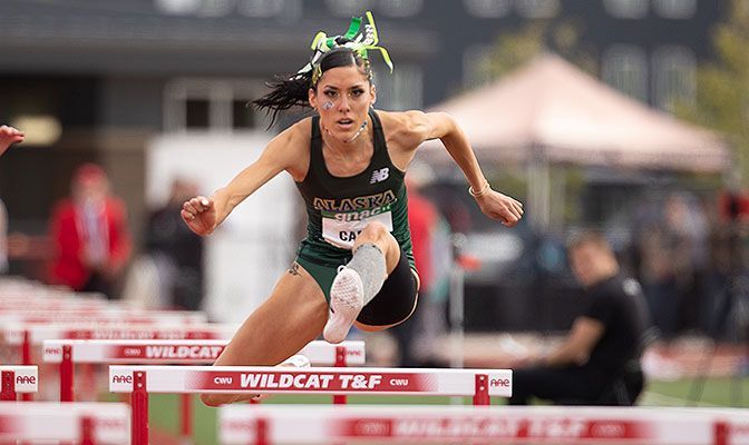 Elena Cano was named All-West Region in the 100-meter hurdles, 400-meter hurdles, high jump and heptathlon. Photo by Jacob Thompson.