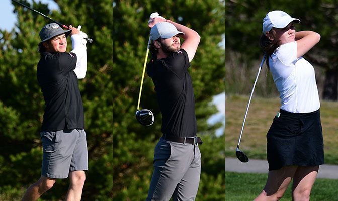 Emerson (left) and Evarts (center) led the NNU men to its first NCAA regionals appearance. Entenman helped lead the NNU women to a second-place GNAC Championships finish. Photos by Ron Smith.