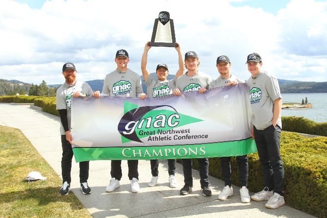 The Western Washington men's golf championship team (L to R): Coach Luke Bennett, Seth King, Jordan Lee, Devin Andrews, Aidan Thain, Conrad Brown.