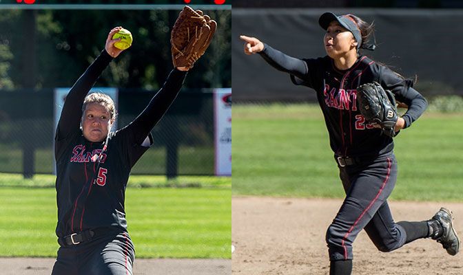 Kim Nelson (left) allowed one run on eight hits in 15.1 innings work and went 2-0 with one save. Lauren Diuco went 12 for 16 in the four-game set as the Saints beat Montana State Billings four times.