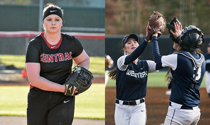 Central Washington's Kiana Wood (left) won Pitcher of the Year for the second consecutive year. In 2017, she shares the honor with Western Washington's Anna Kasner.