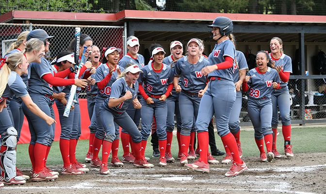 Western Oregon celebrates Chandler Bishop after her solo home run began the Wolves' four-run fourth inning. Photo by Paul Dunn.