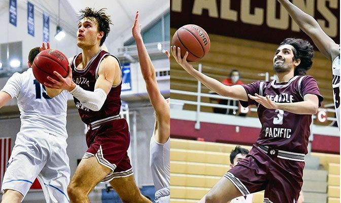 Harry Cavell (left) and Sharif Khan (right) both earned selection to the GNAC Men's Basketball All-Academic Team for the fourth time.