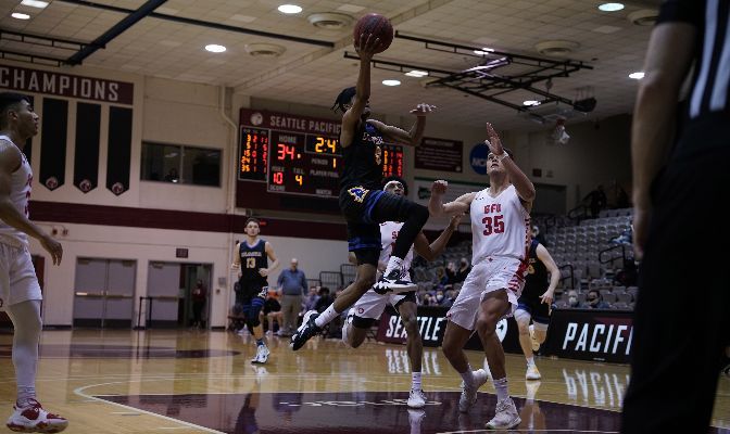 Shadeed Shabazz recorded his second career 40-point game in the GNAC Championships to lead Alaska to a win over Simon Fraser. Photo by Rio Giancarlo.