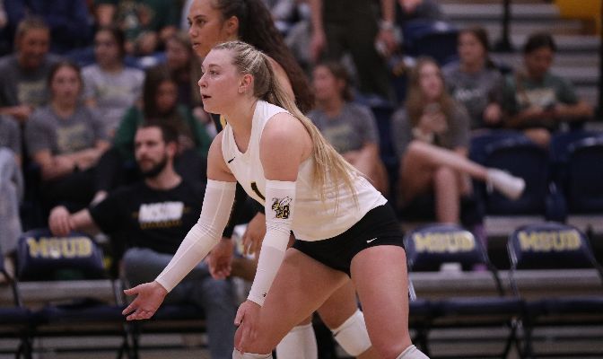 MSUB libero Christine Funk leads Division II with 336 digs this season.