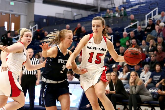 Northwest Nazarene's Avery Albrecht paved the way in Friday's second semifinal, dropping 18 points in the victory.